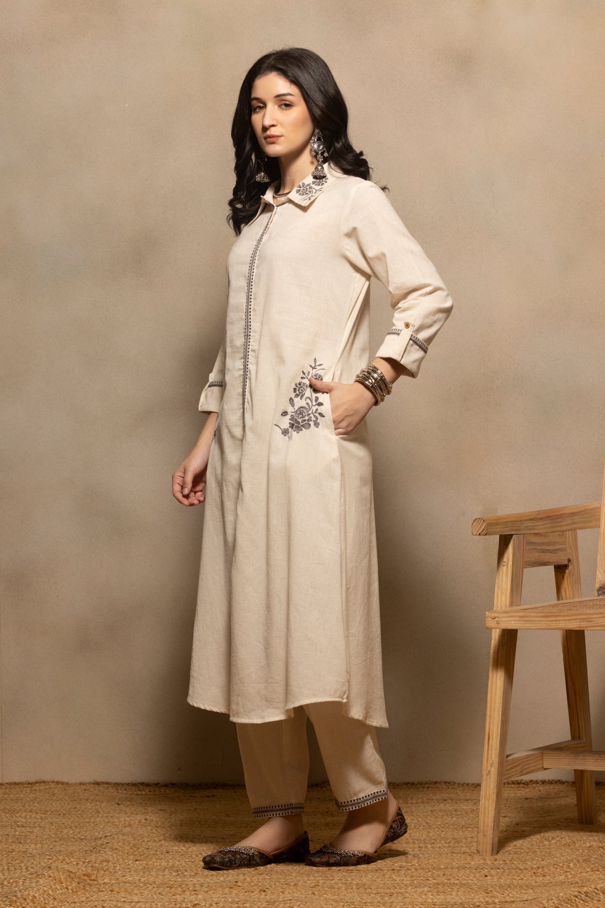 Cream Embroidered A-line Kurta 2 Pcs Set