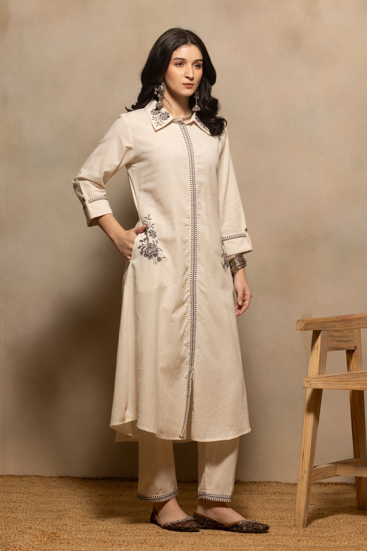 Cream Embroidered A-line Kurta 2 Pcs Set