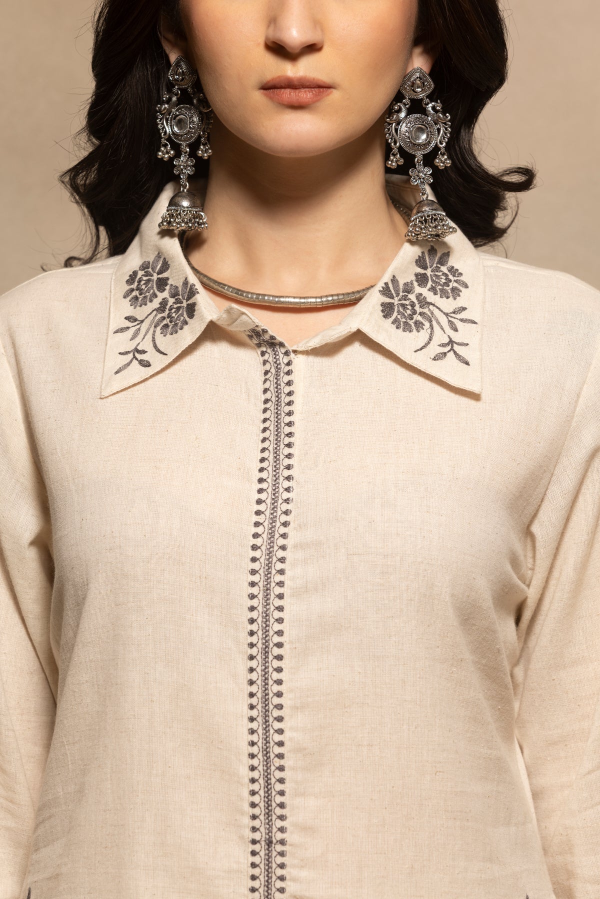 Cream Embroidered A-line Kurta 2 Pcs Set