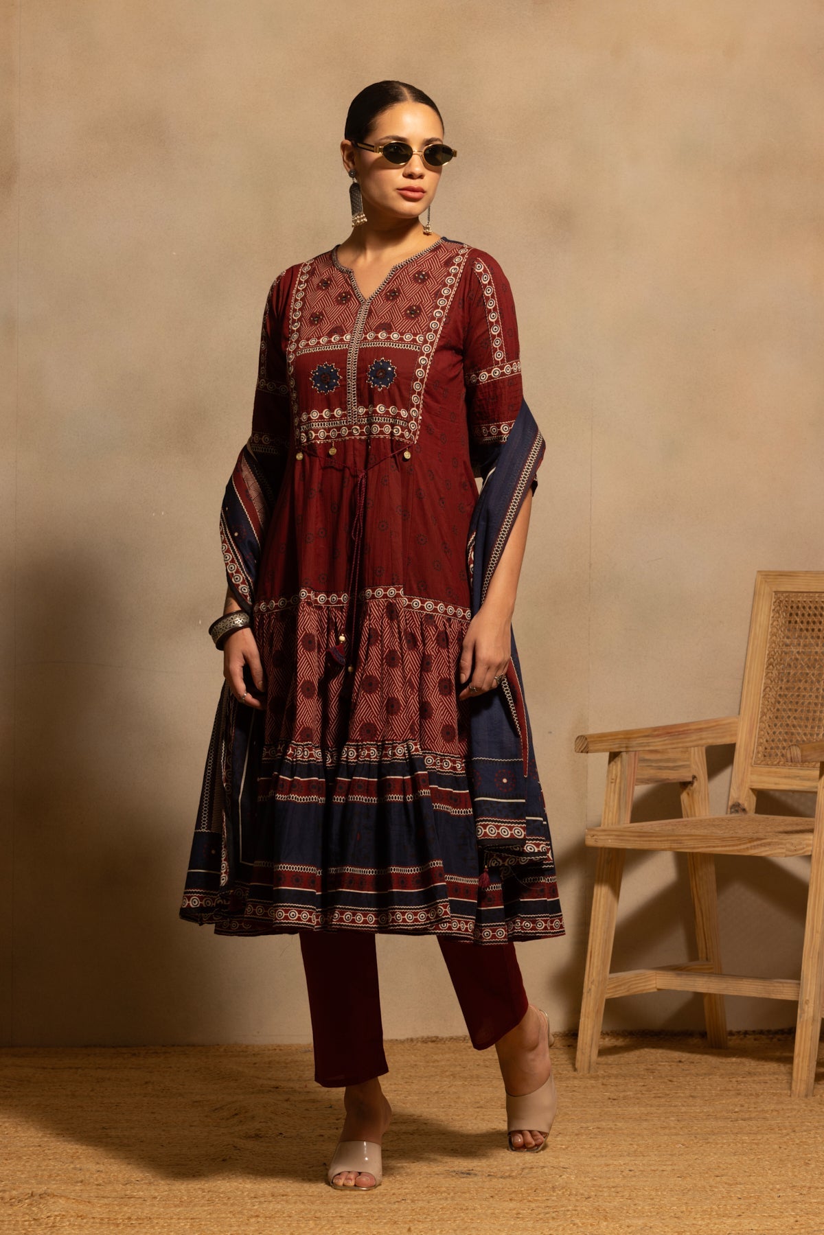 Maroon Printed Flared Kurta 3 Pcs Set
