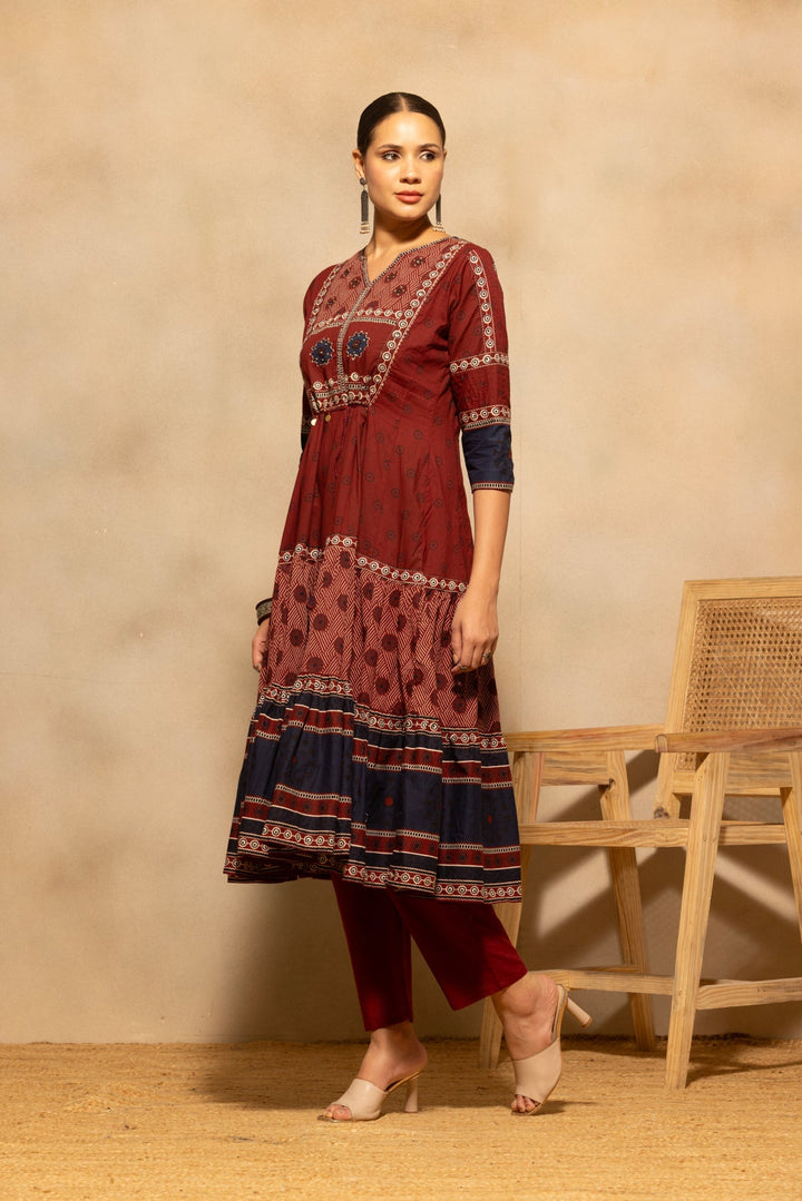 Maroon Printed Flared Kurta 3 Pcs Set