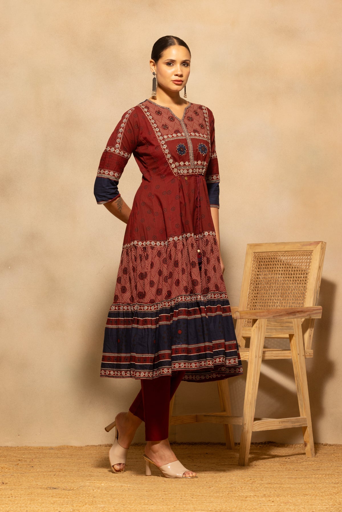Maroon Printed Flared Kurta 3 Pcs Set