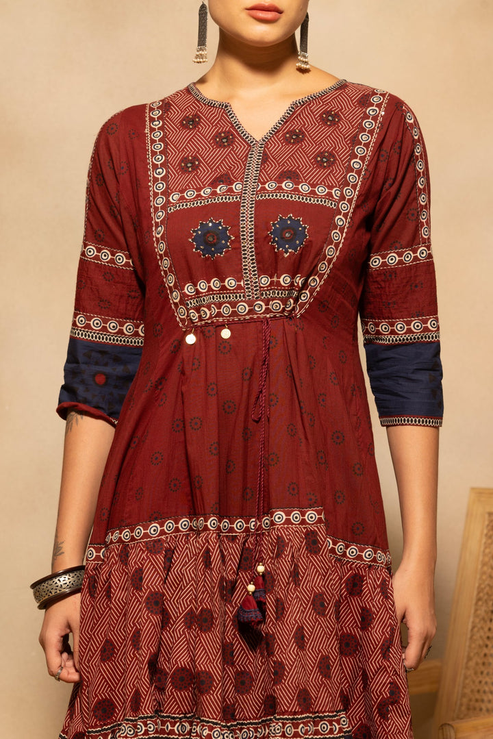 Maroon Printed Flared Kurta 3 Pcs Set