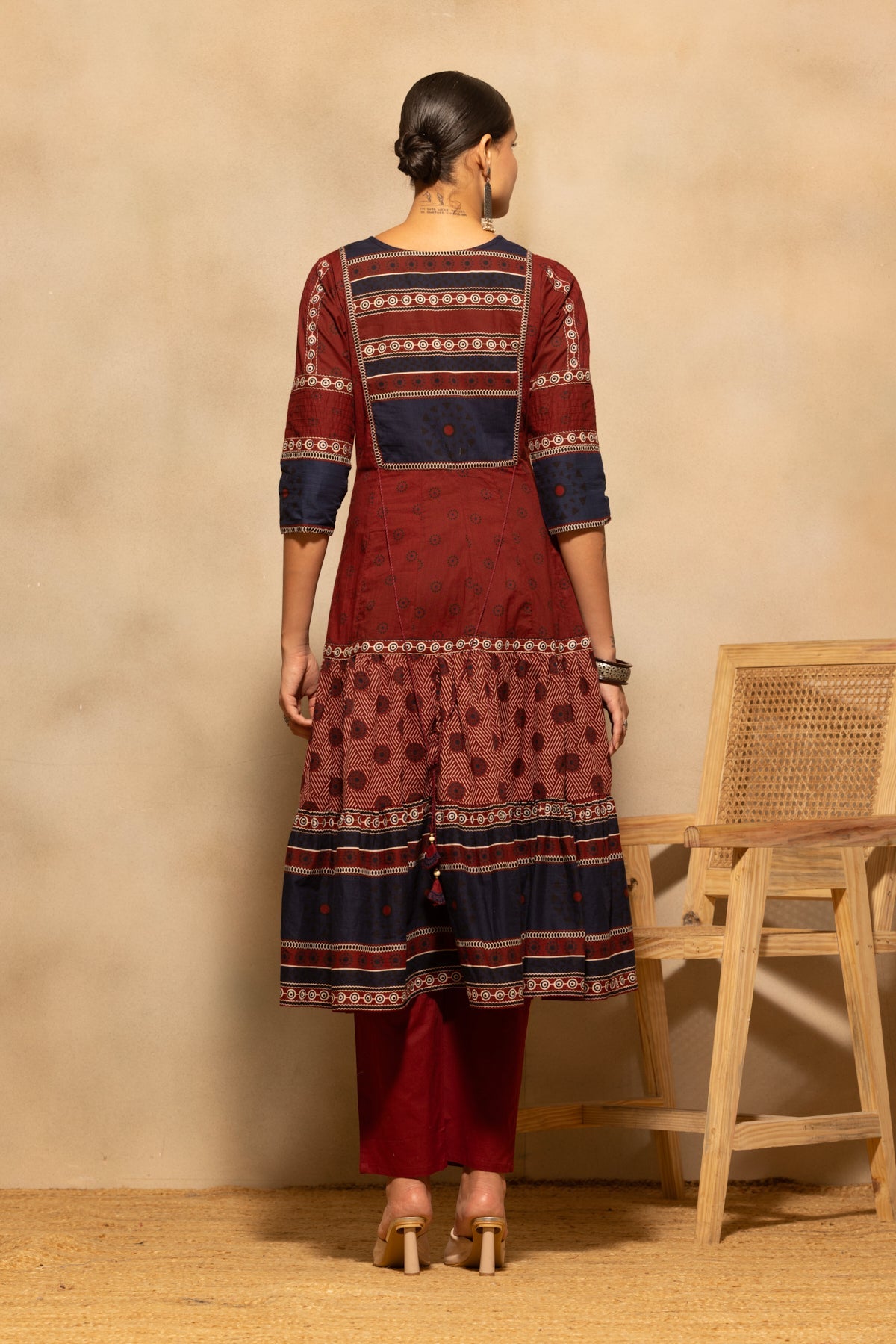 Maroon Printed Flared Kurta 3 Pcs Set
