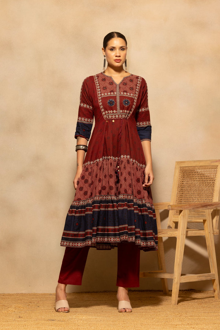 Maroon Printed Flared Kurta 3 Pcs Set