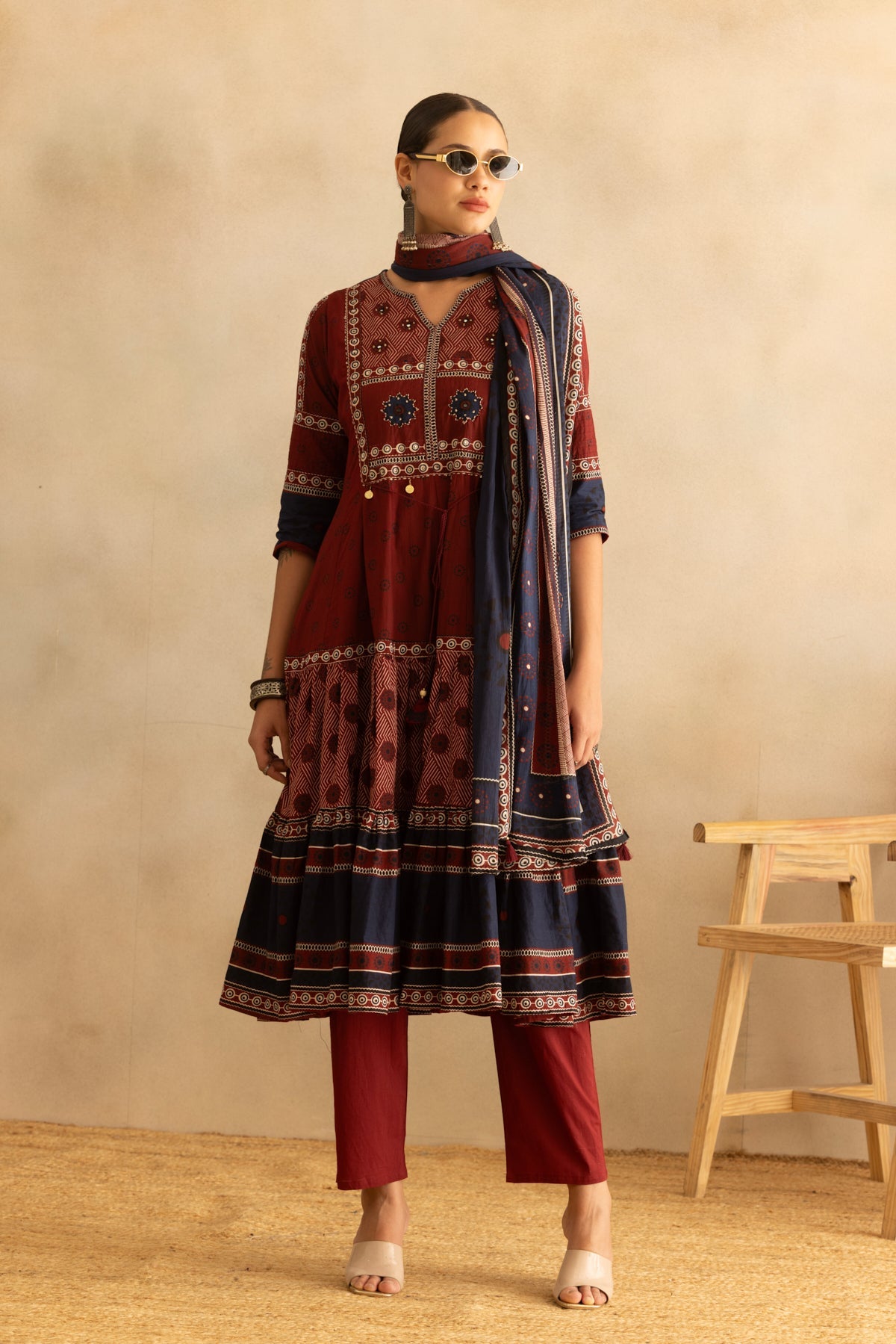 Maroon Printed Flared Kurta 3 Pcs Set