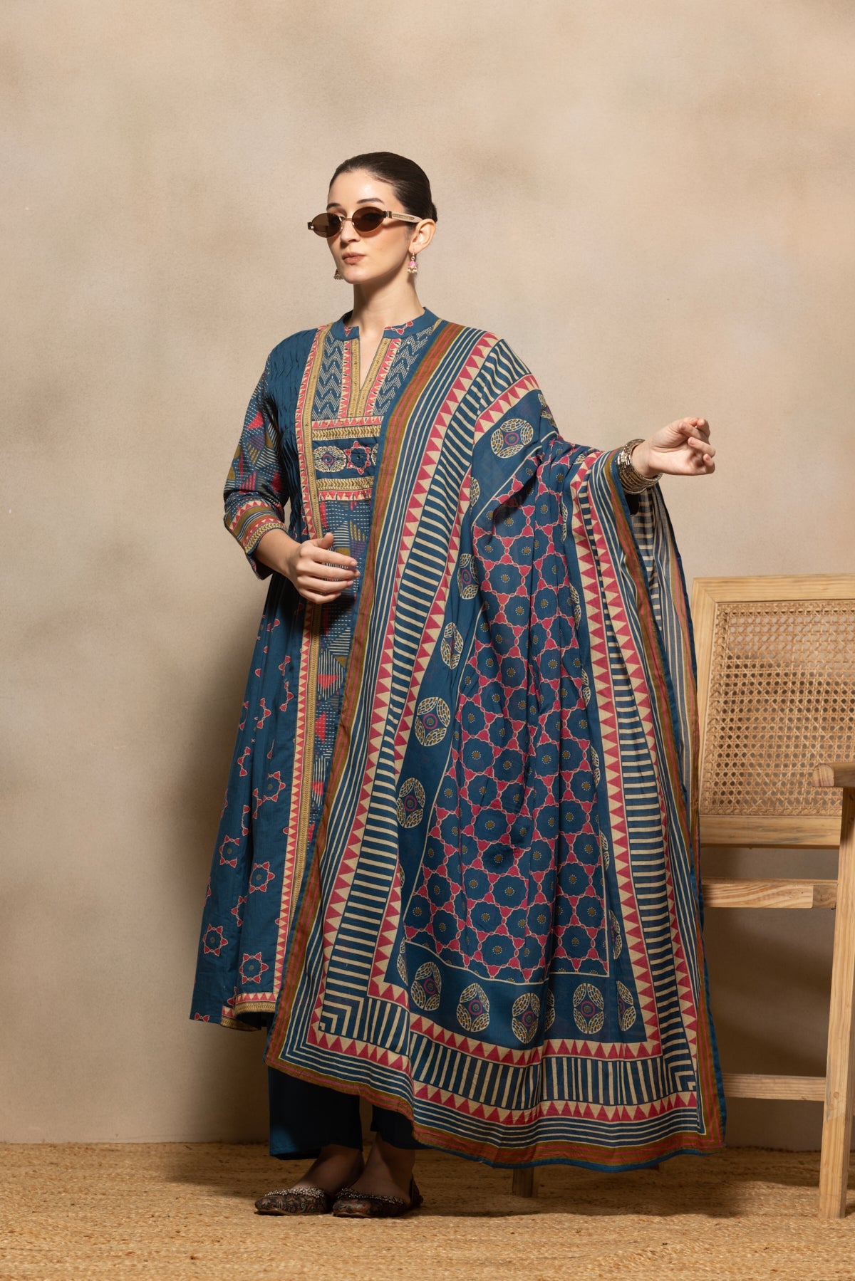 Blue Printed Flared Kurta 3 Pcs Set