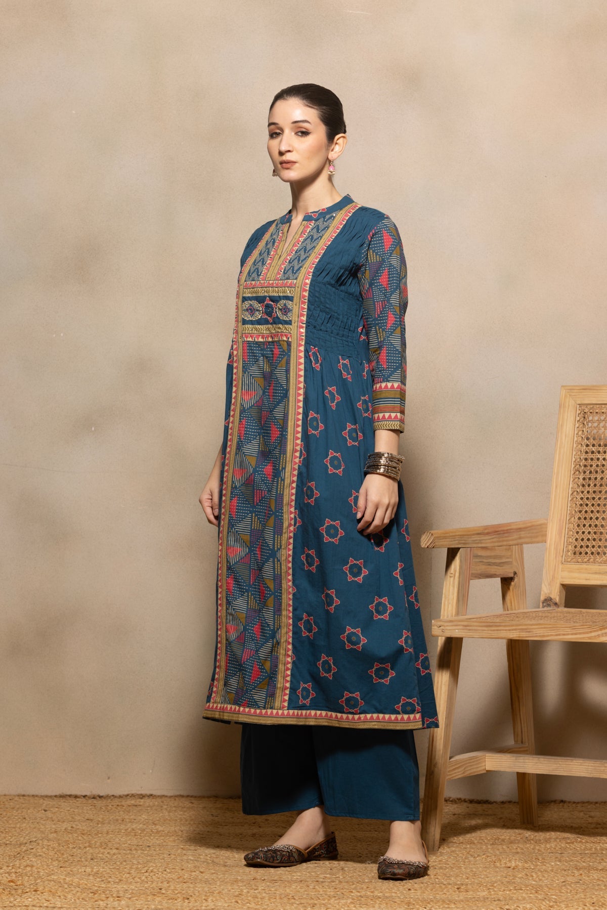 Blue Printed Flared Kurta 3 Pcs Set