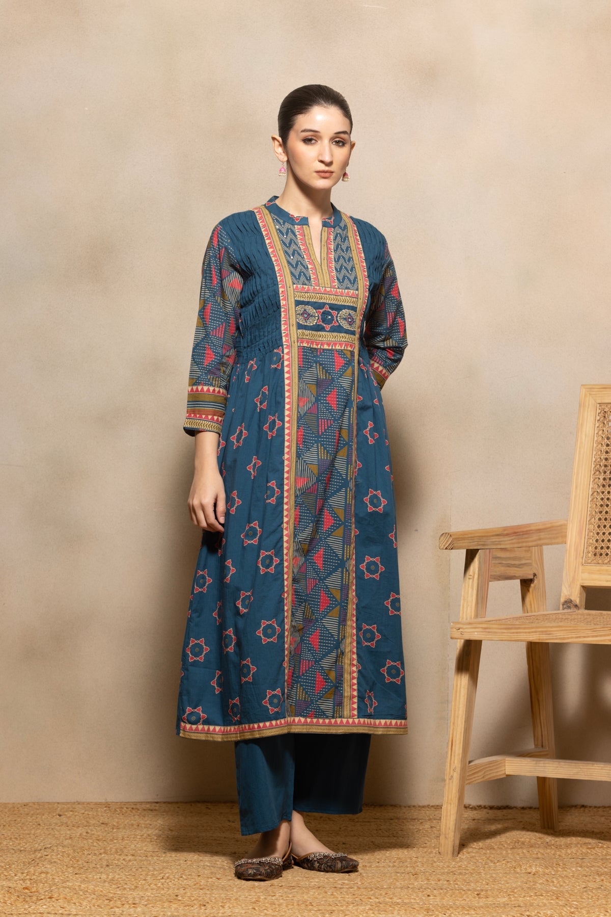 Blue Printed Flared Kurta 3 Pcs Set