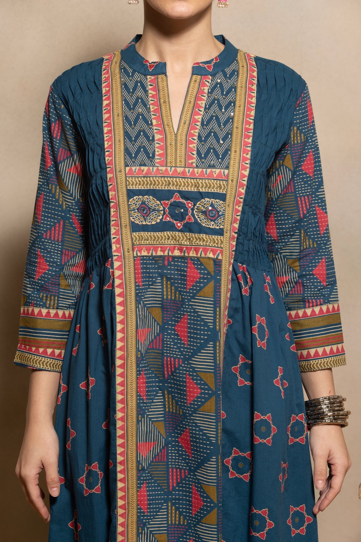 Blue Printed Flared Kurta 3 Pcs Set