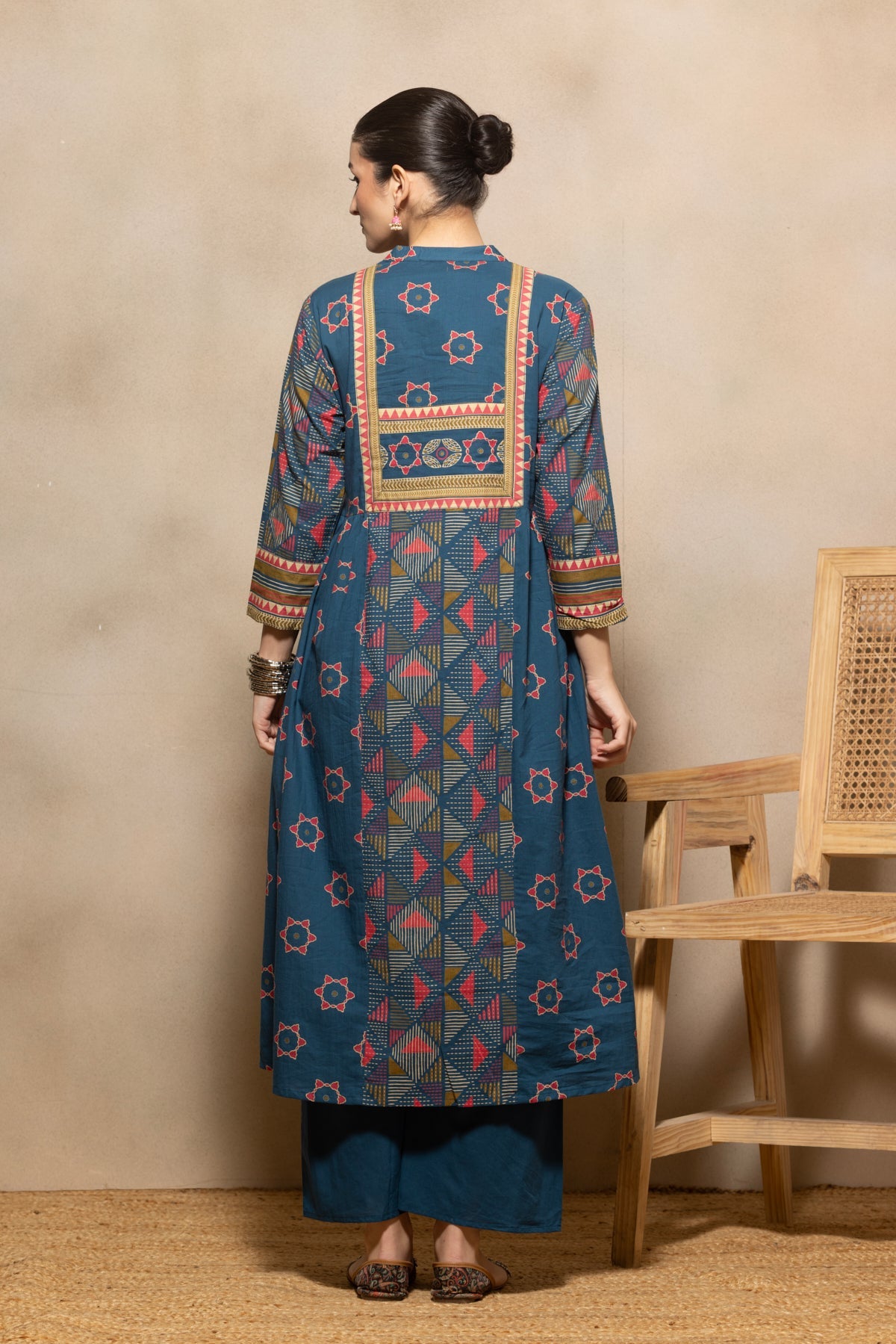 Blue Printed Flared Kurta 3 Pcs Set