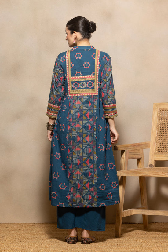 Blue Printed Flared Kurta 3 Pcs Set