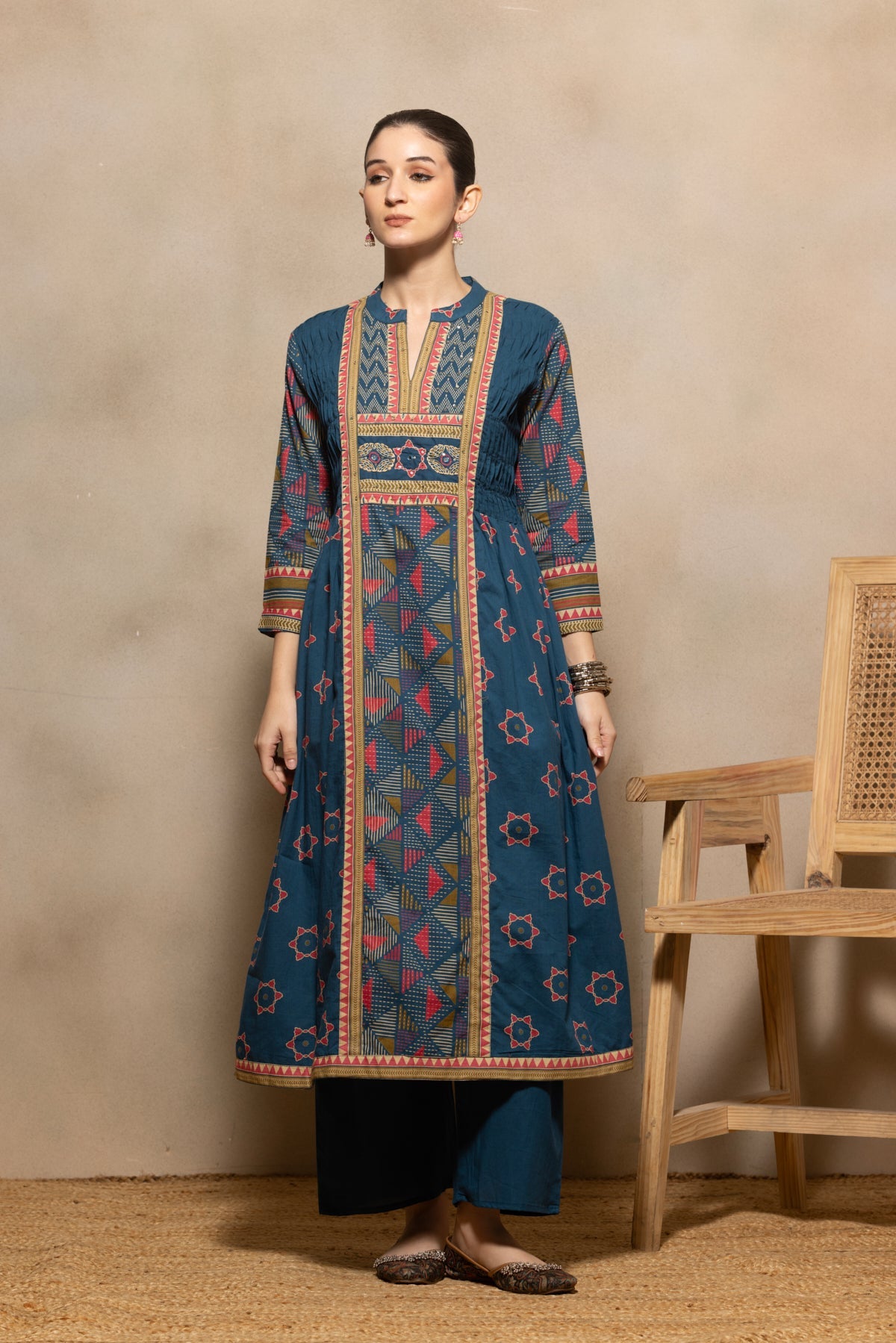 Blue Printed Flared Kurta 3 Pcs Set