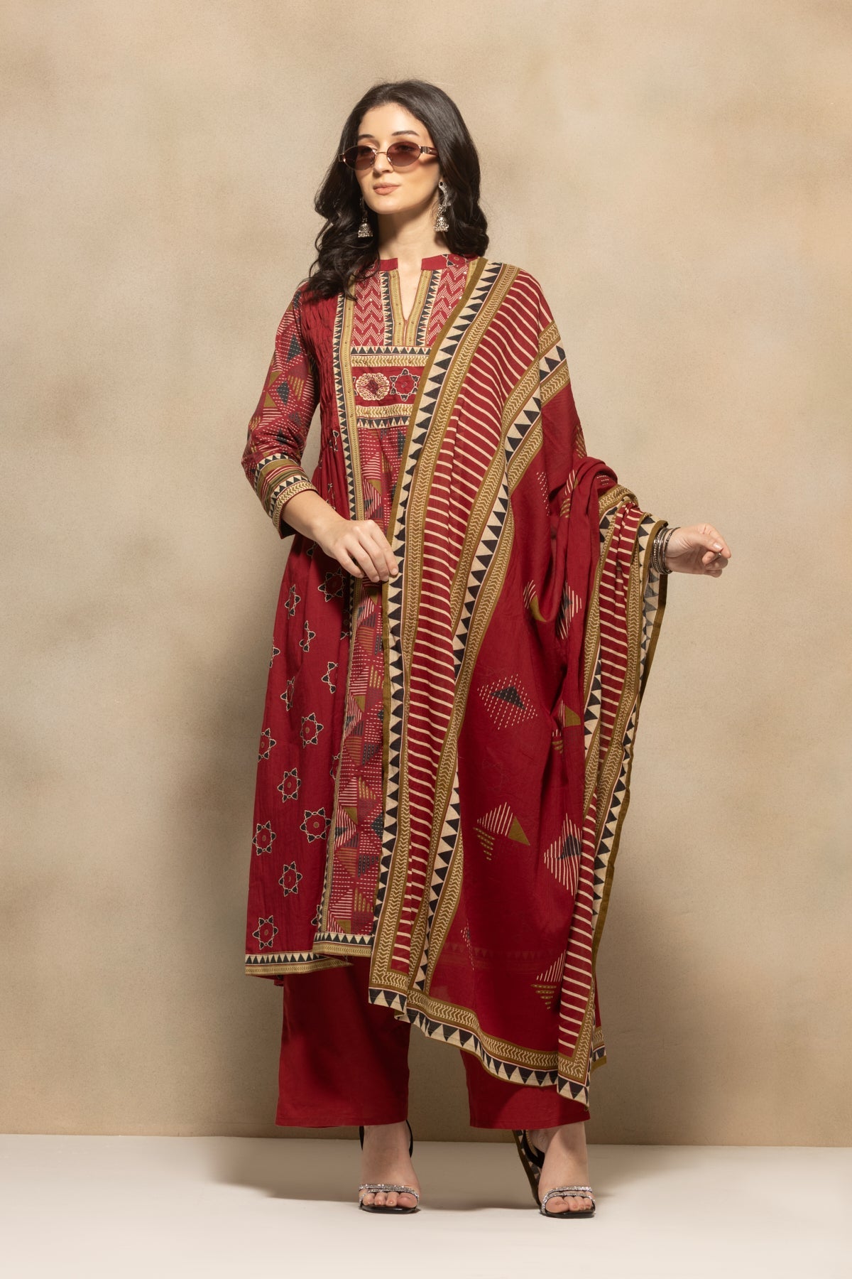 Maroon Printed Flared Kurta 3 Pcs Set