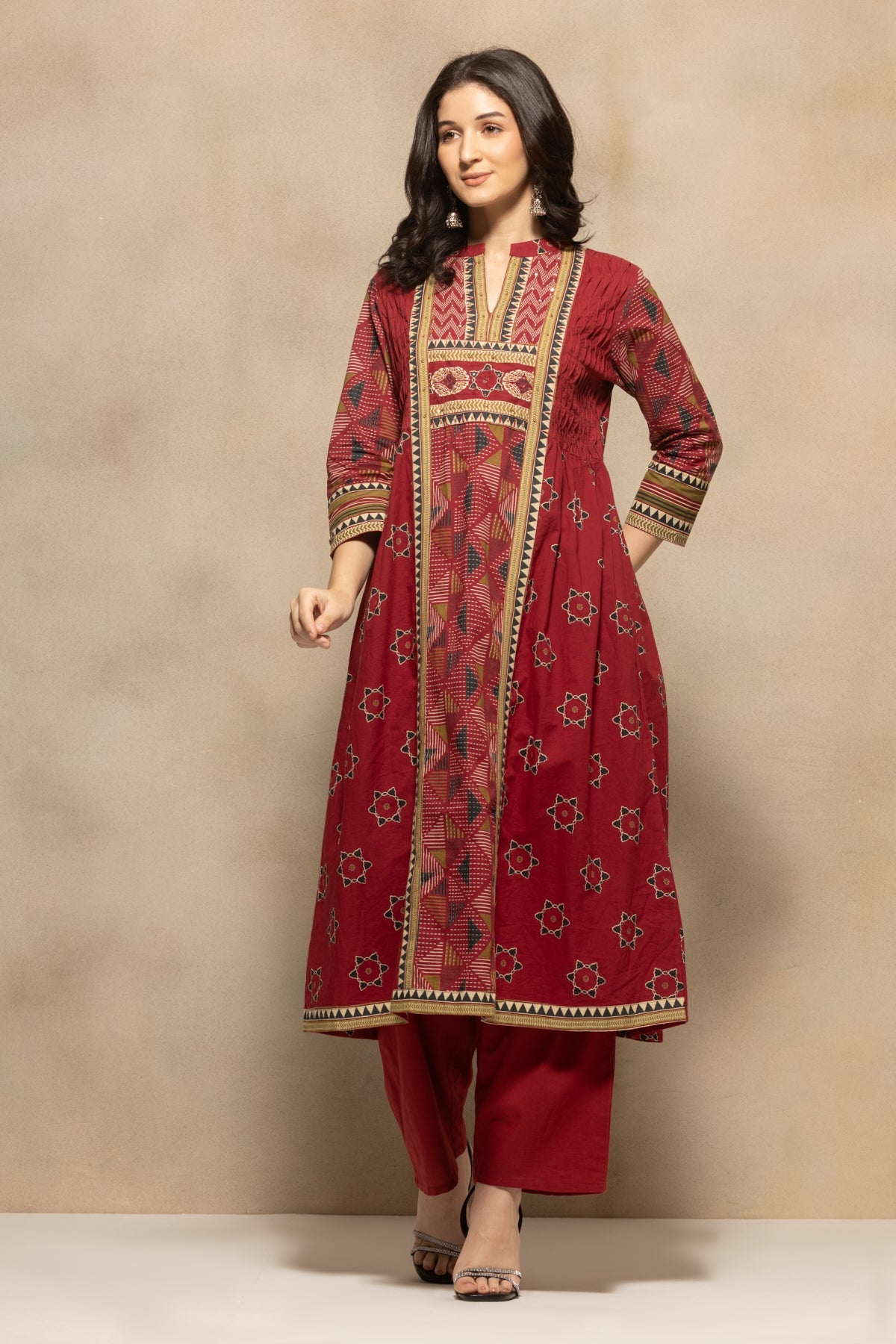 Maroon Printed Flared Kurta 3 Pcs Set