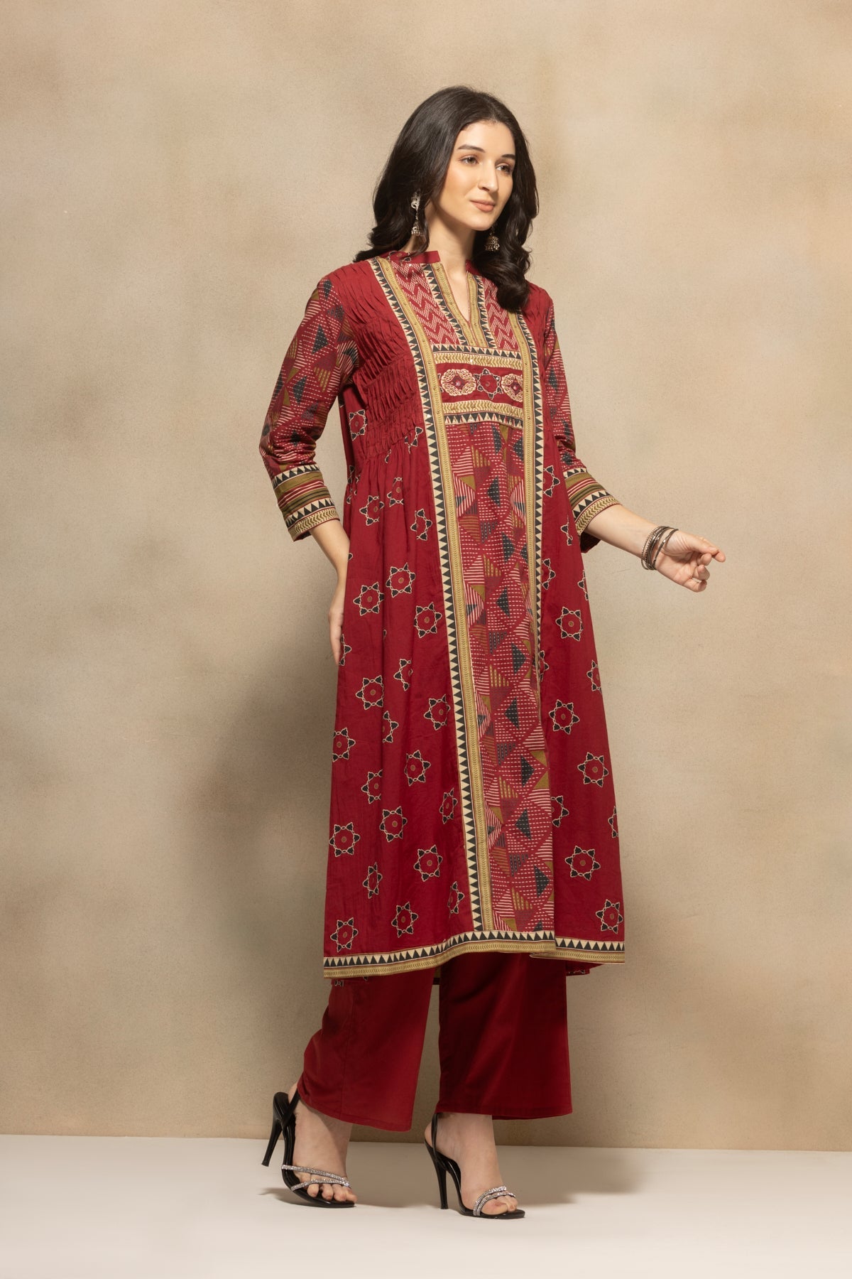 Maroon Printed Flared Kurta 3 Pcs Set