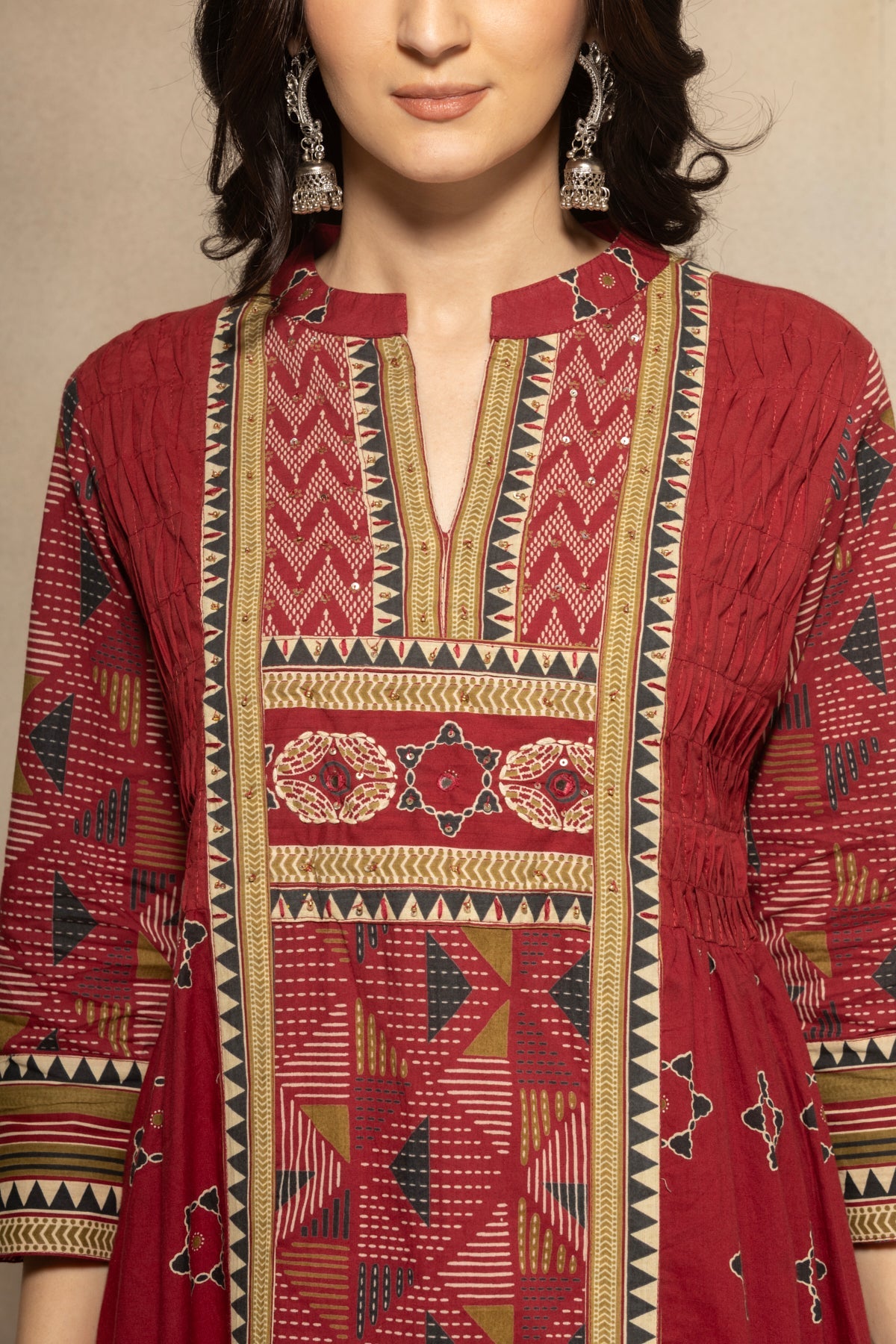 Maroon Printed Flared Kurta 3 Pcs Set