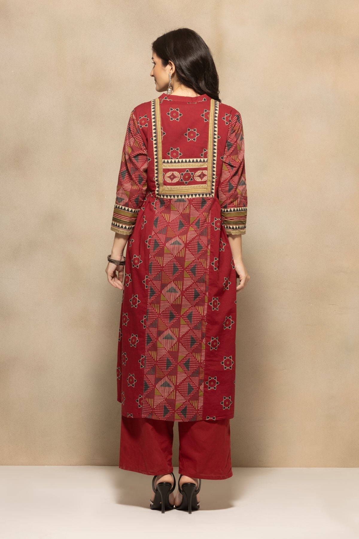 Maroon Printed Flared Kurta 3 Pcs Set