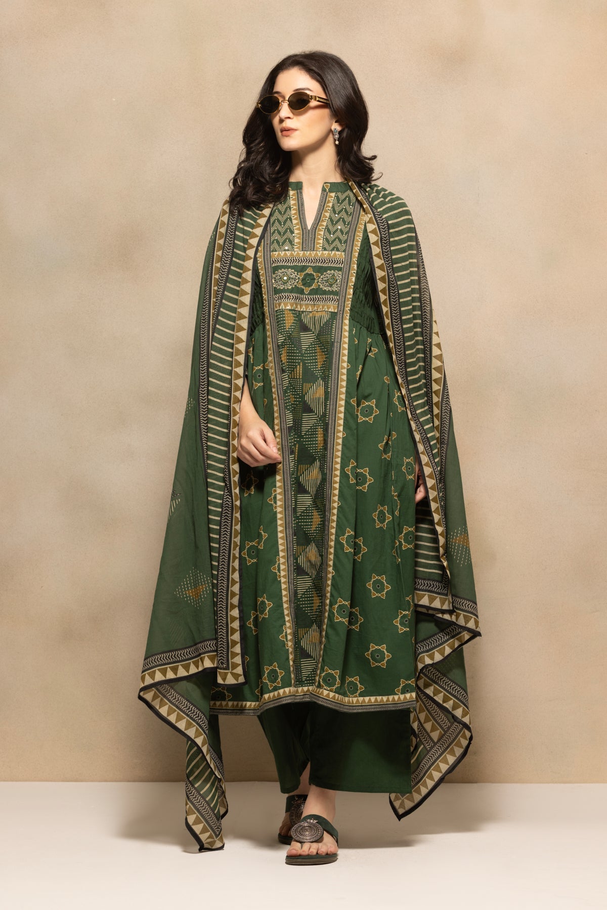 Green Printed Flared Kurta 3 Pcs Set