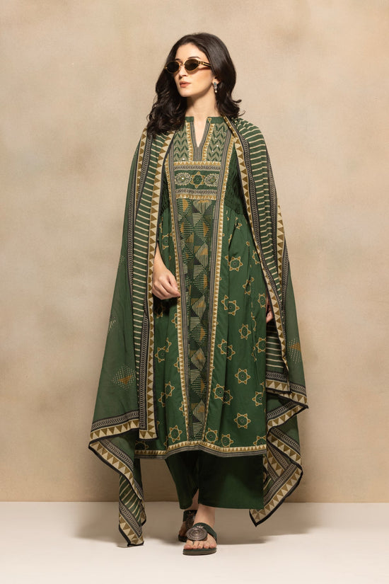 Green Printed Flared Kurta 3 Pcs Set