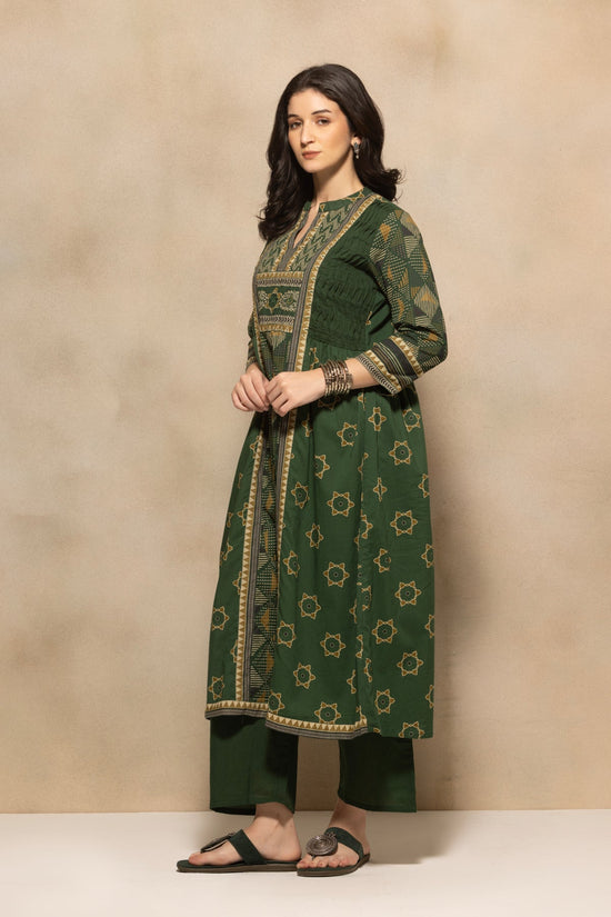 Green Printed Flared Kurta 3 Pcs Set