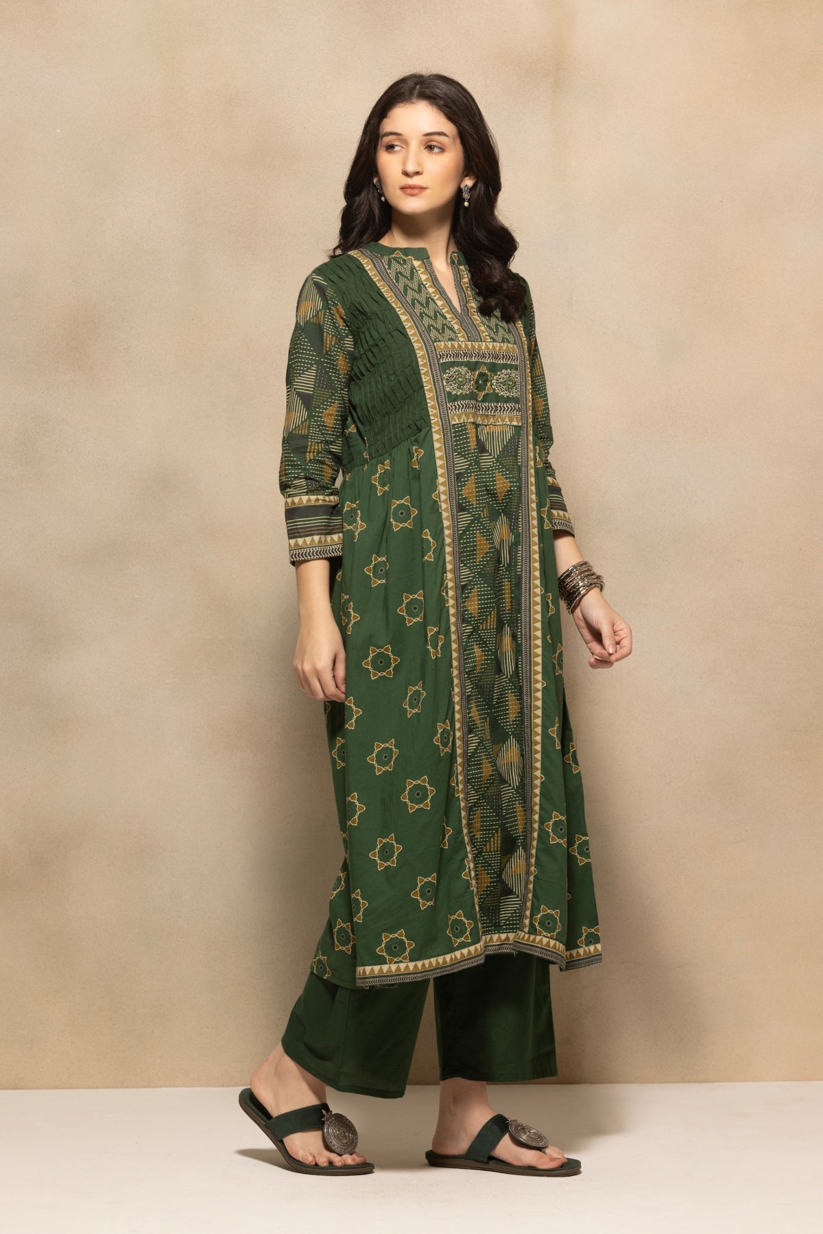 Green Printed Flared Kurta 3 Pcs Set