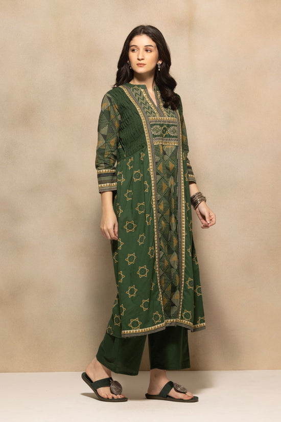 Green Printed Flared Kurta 3 Pcs Set