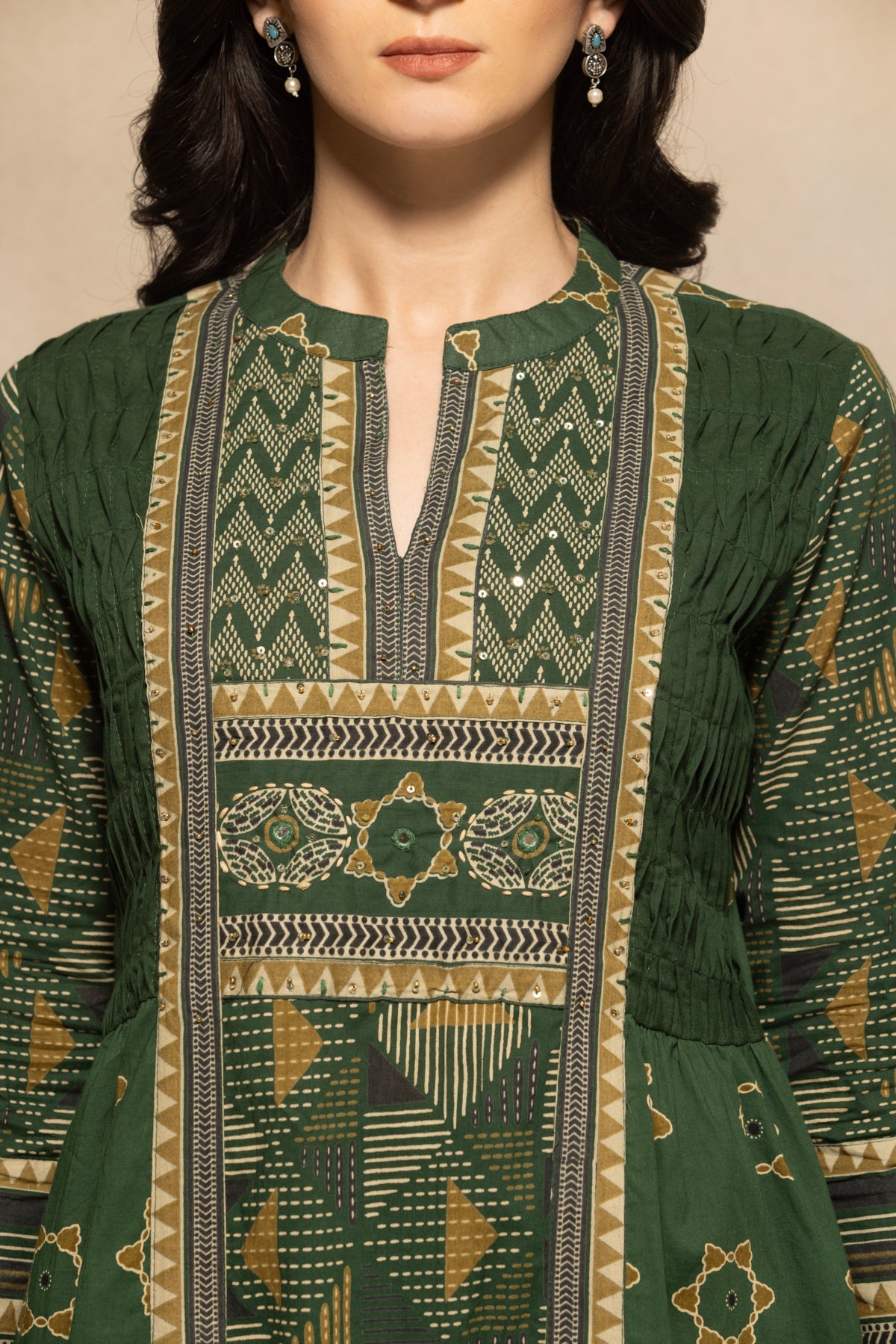 Green Printed Flared Kurta 3 Pcs Set