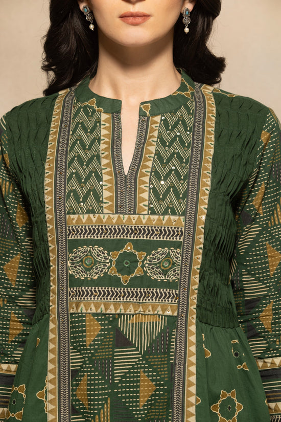 Green Printed Flared Kurta 3 Pcs Set