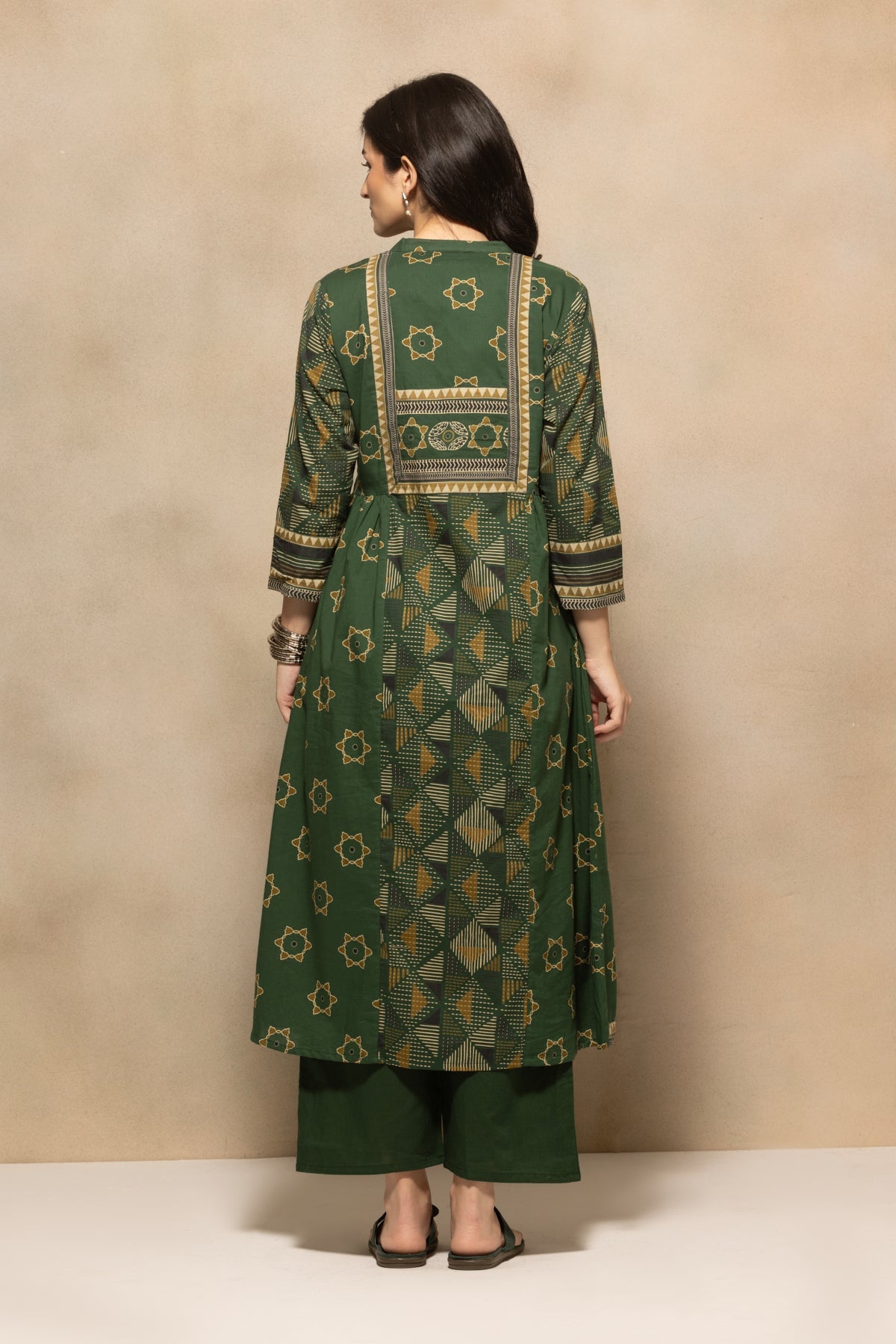 Green Printed Flared Kurta 3 Pcs Set