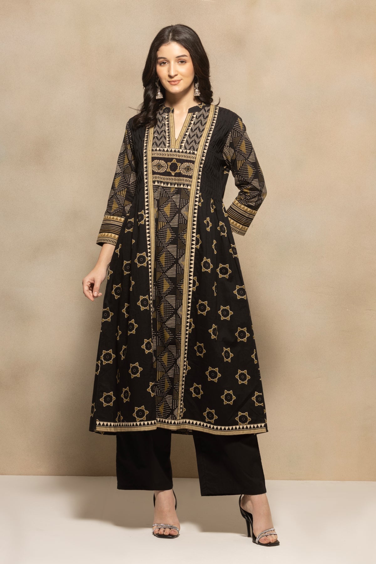 Black Printed Flared Kurta 3 Pcs Set