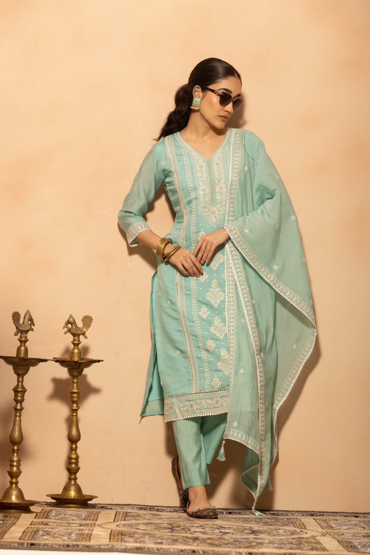 Green Embroidered Kurta 3 Pcs Set