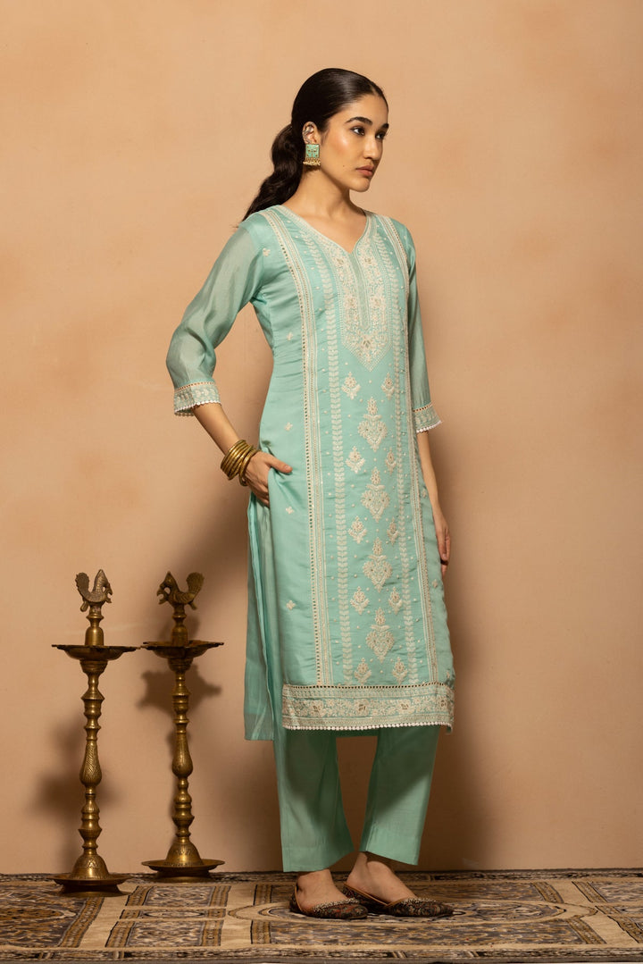 Green Embroidered Kurta 3 Pcs Set
