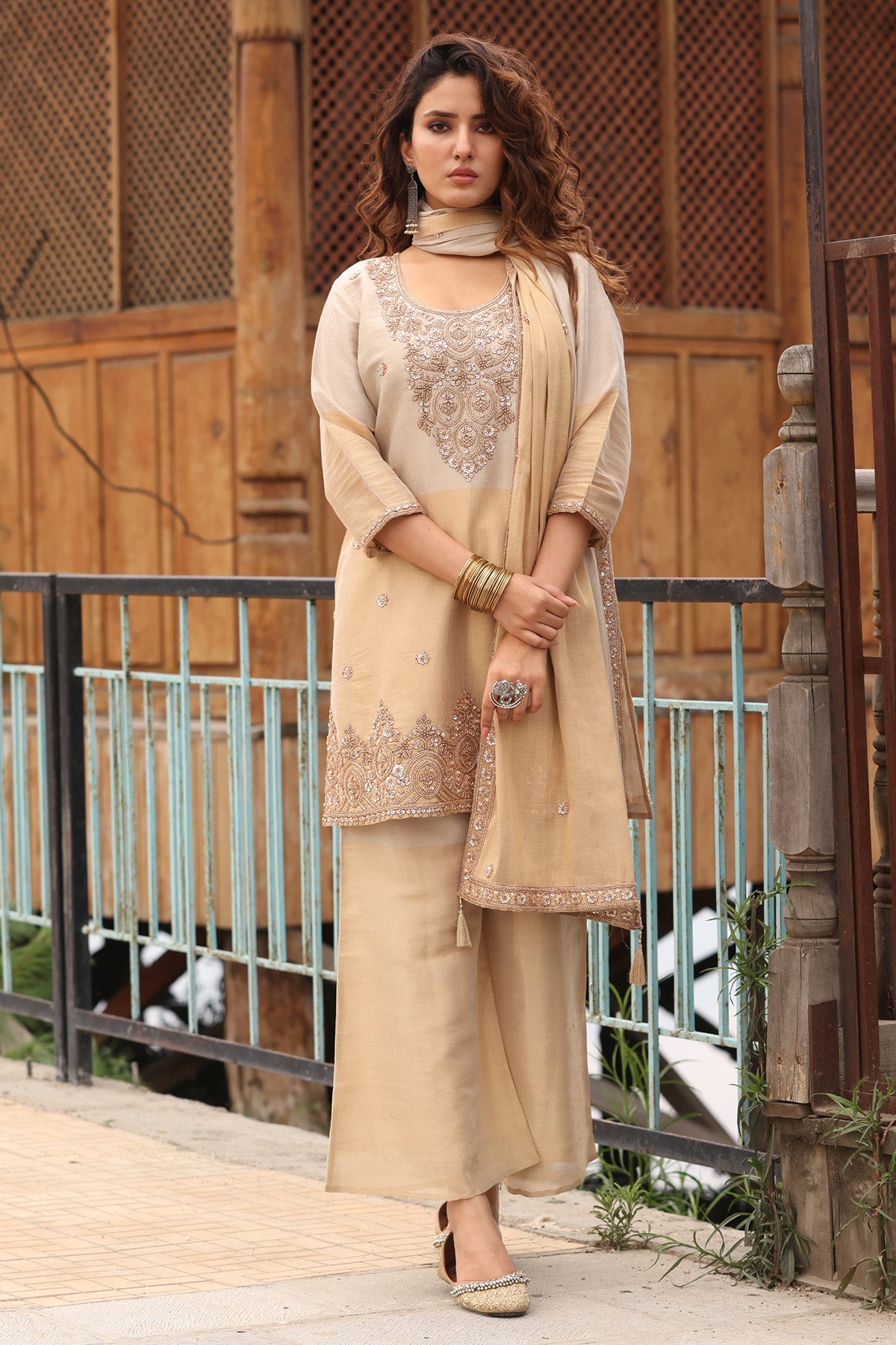 Beige Stone Embellished Kurta 3 Pcs Set