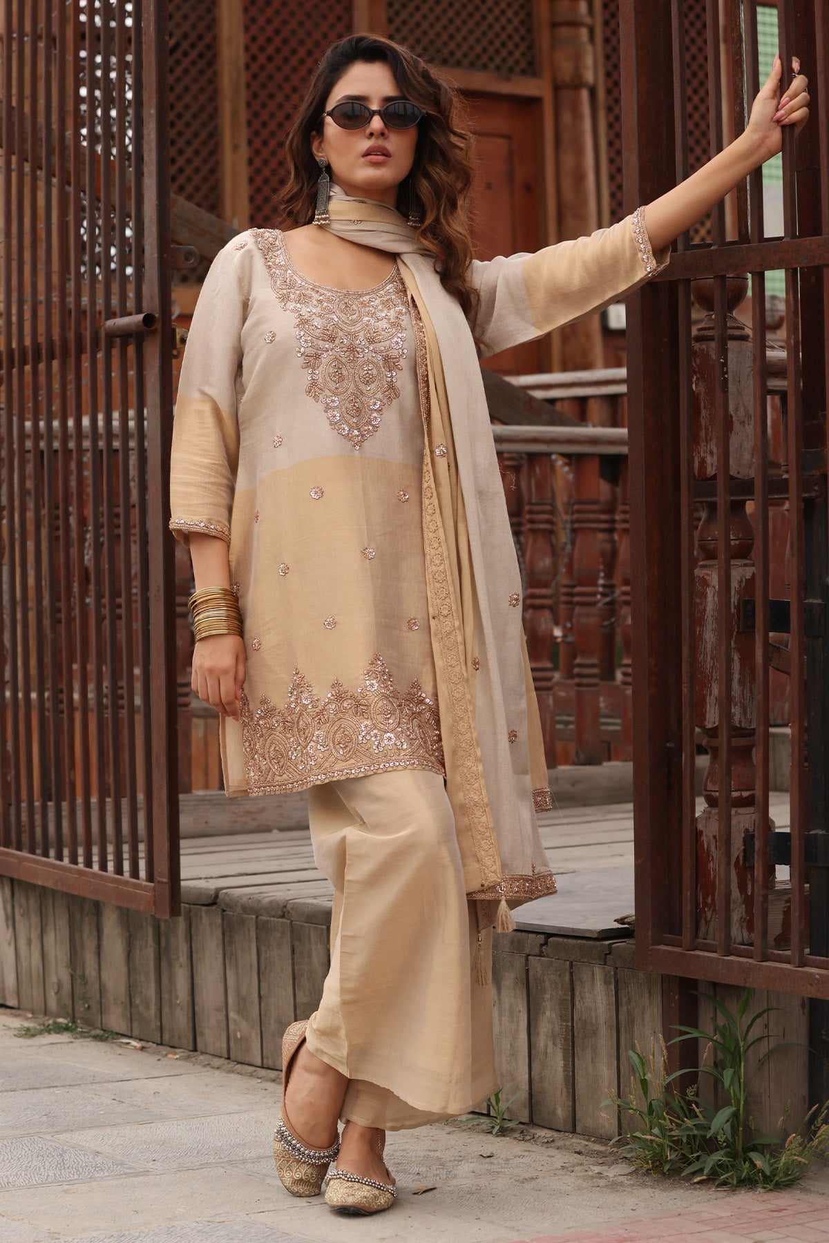 Beige Stone Embellished Kurta 3 Pcs Set