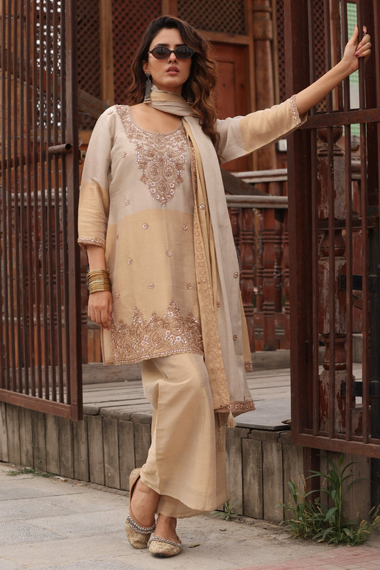 Beige Stone Embellished Kurta 3 Pcs Set