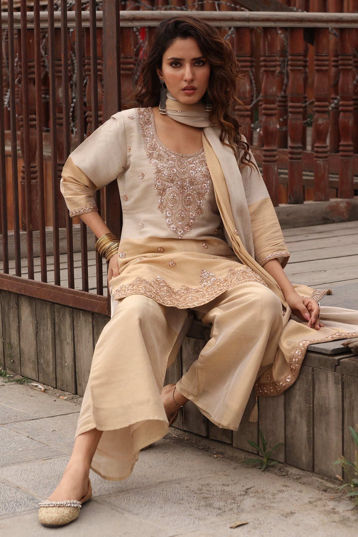 Beige Stone Embellished Kurta 3 Pcs Set