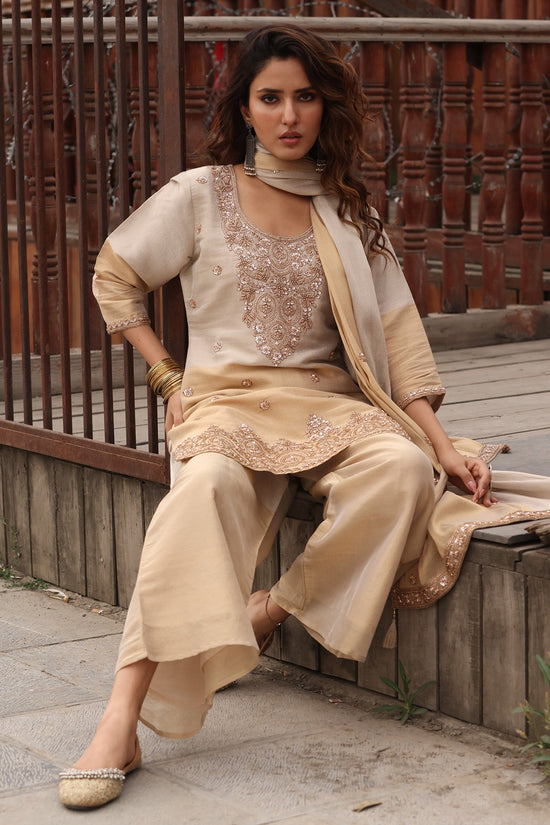 Beige Stone Embellished Kurta 3 Pcs Set