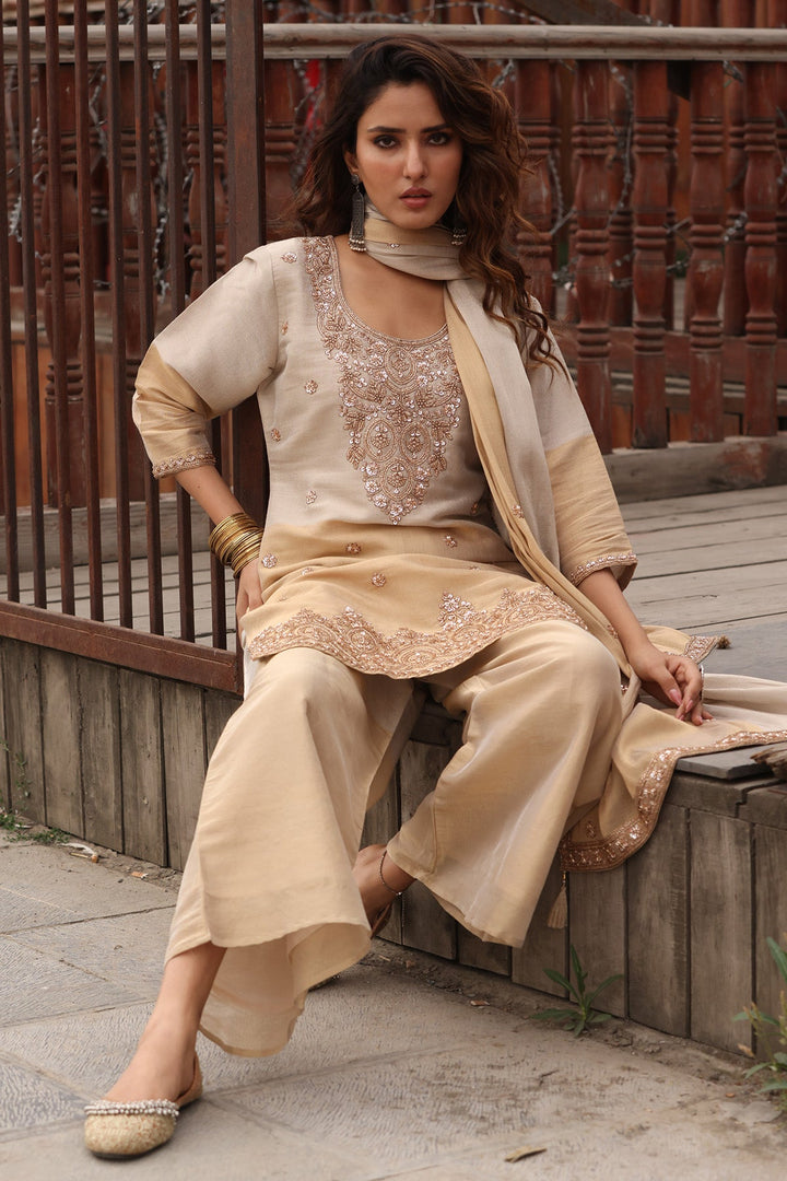 Beige Stone Embellished Kurta 3 Pcs Set