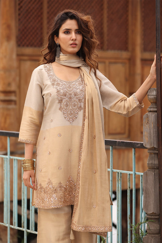 Beige Stone Embellished Kurta 3 Pcs Set