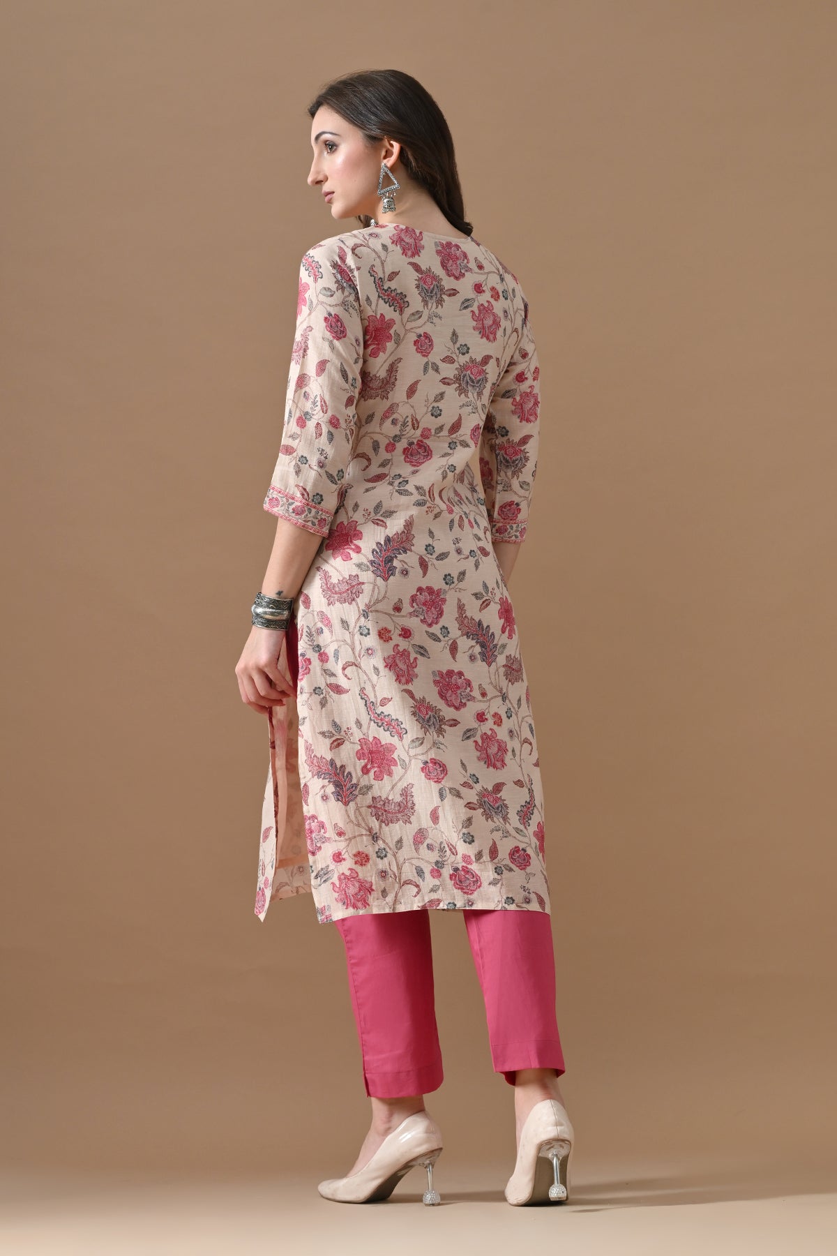 Beige Floral Printed Kurta 3 Pcs Set