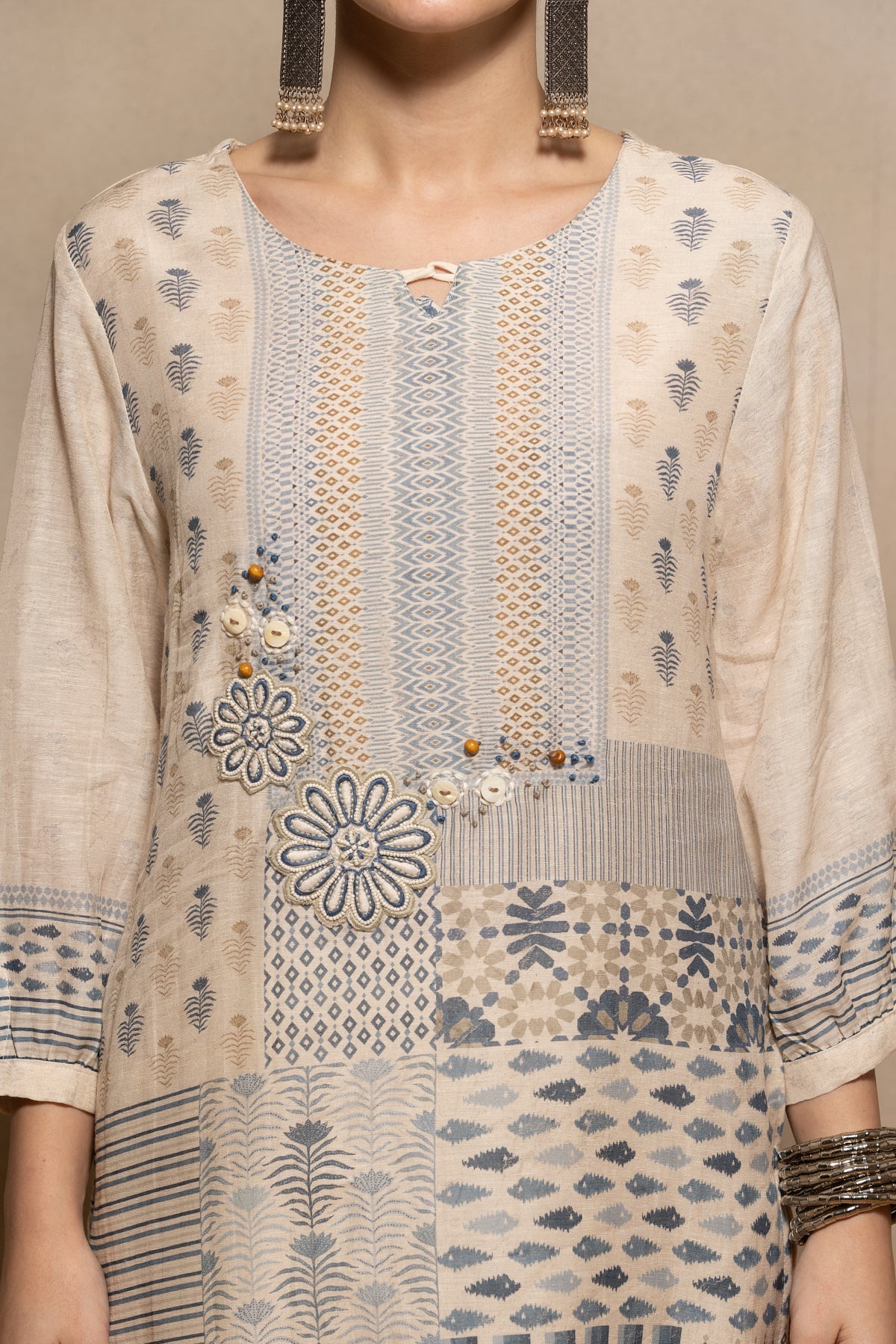 Cream Printed Kurta 3 Pcs Set