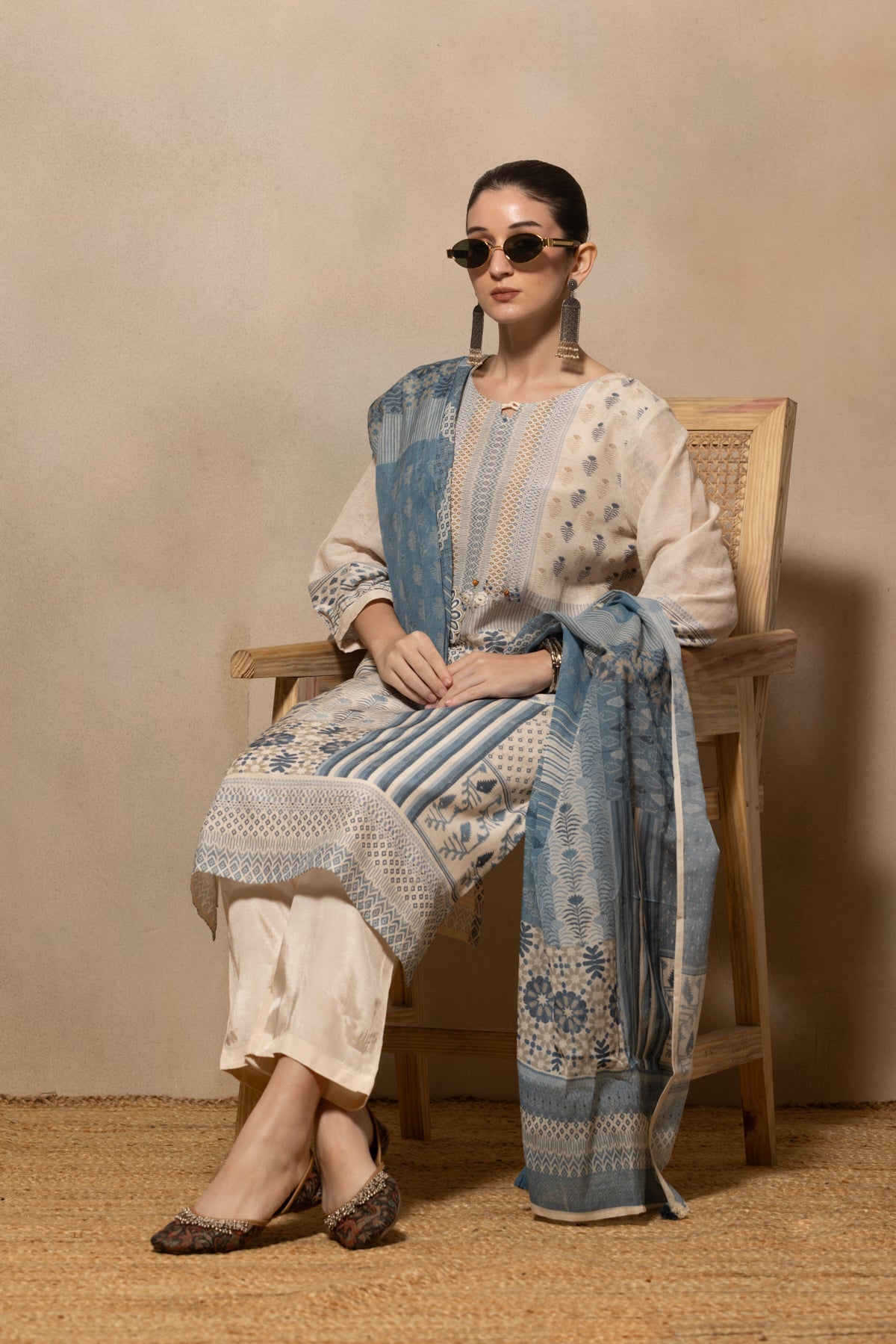 Cream Printed Kurta 3 Pcs Set