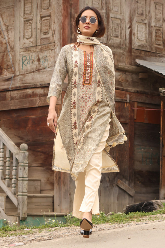 Beige Printed Kurta 3 Pcs Set