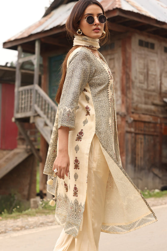Beige Printed Kurta 3 Pcs Set
