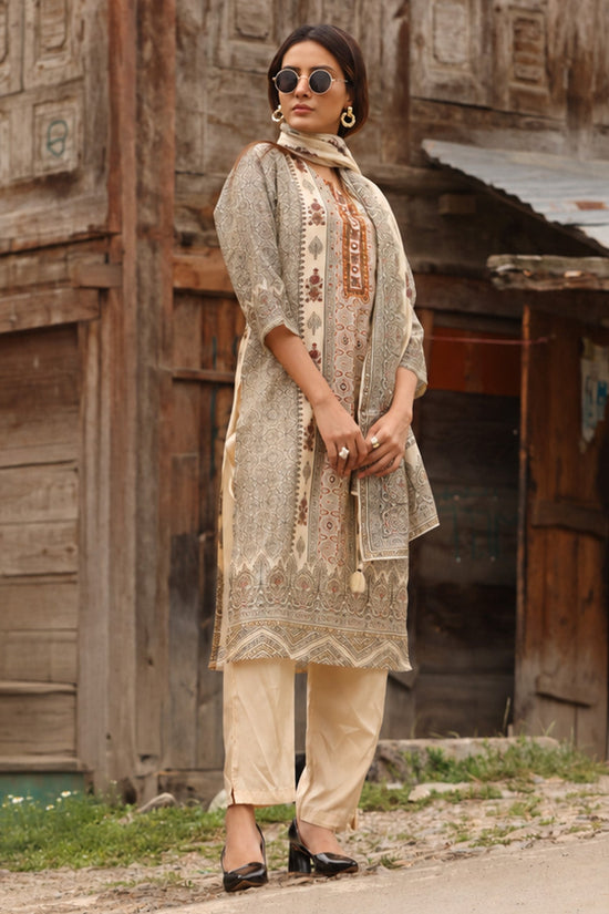 Beige Printed Kurta 3 Pcs Set