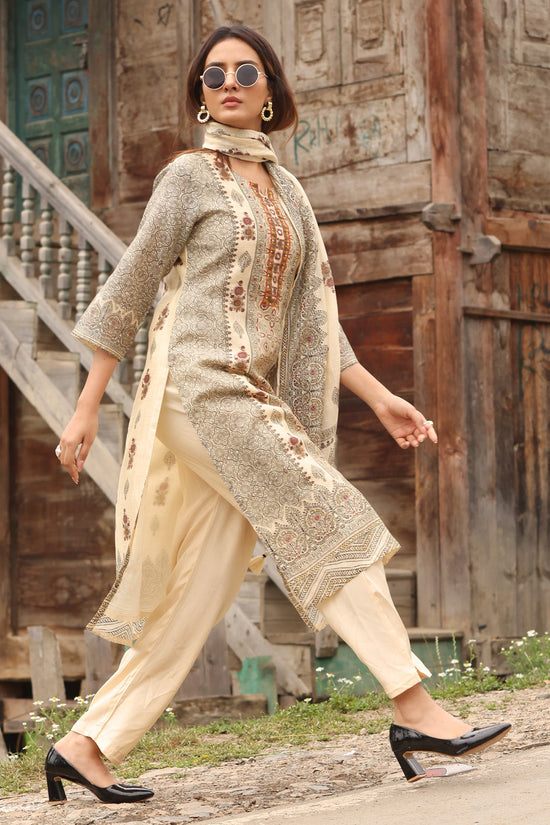 Beige Printed Kurta 3 Pcs Set