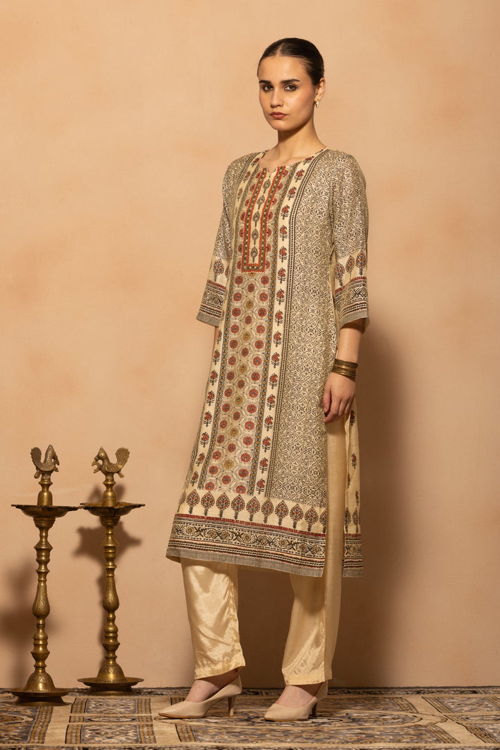 Cream Printed Kurta 3 Pcs Set