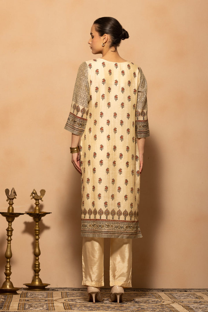 Cream Printed Kurta 3 Pcs Set
