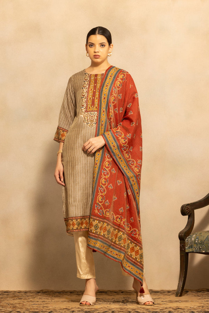 Beige Printed Kurta 3 Pcs Set
